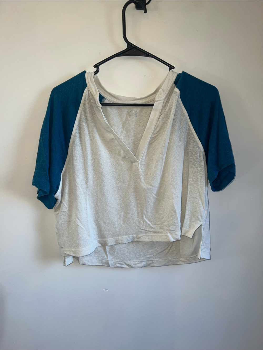 aerie White Body with Teal Raglan Short Sleeve Hooded Tee